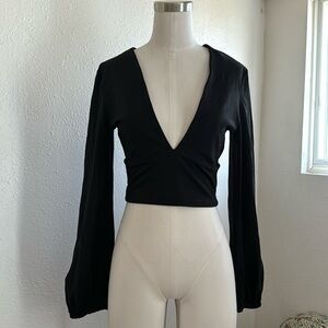 Susana Monaco Plunge Neck Gathered Sleeve Crop Top Black